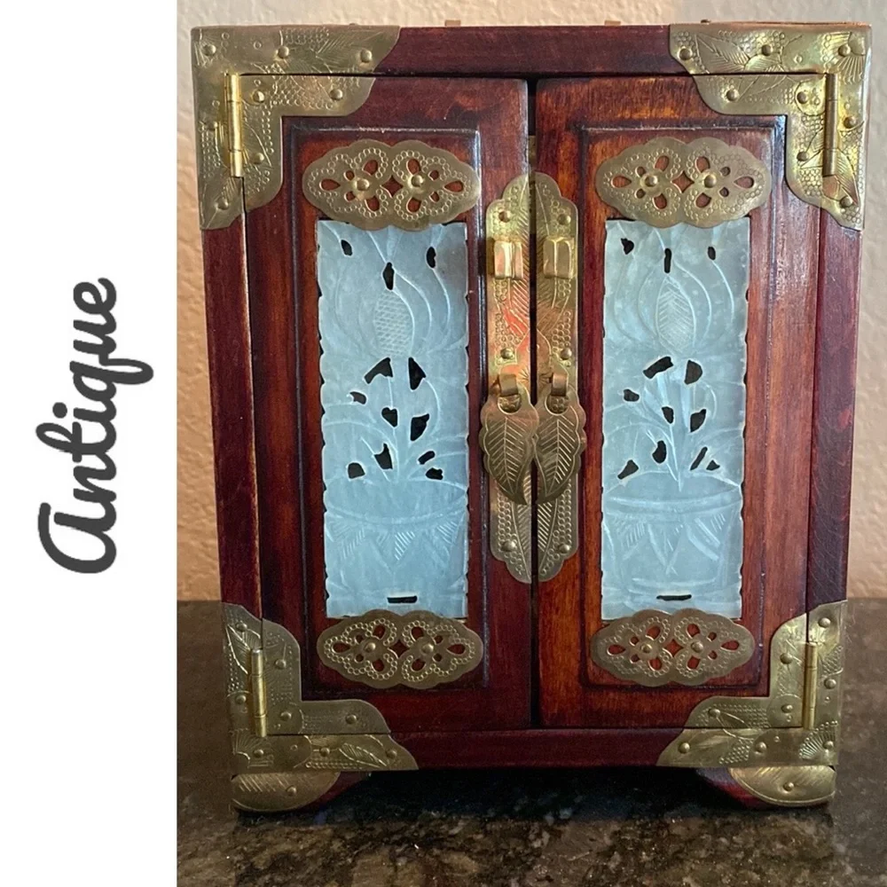 Antique Chinese Rosewood Jade Inlay Brass Hardware Wooden Jewelry Box